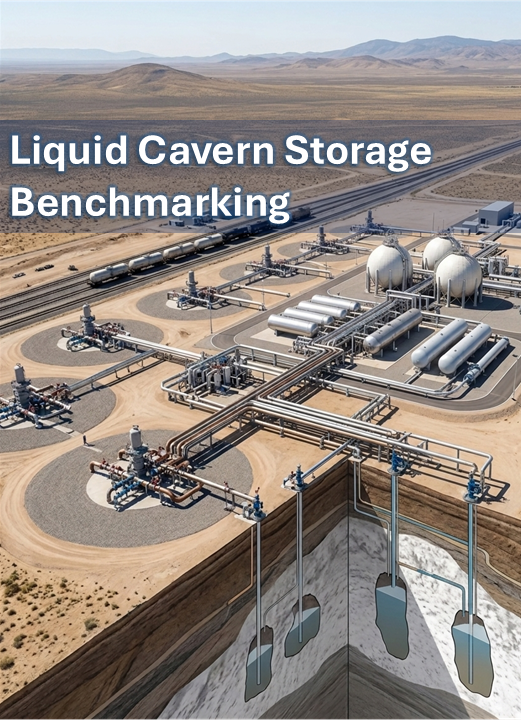 Aerial view of an industrial facility with pipelines and storage tanks, overlaid with a cutaway illustration showing underground liquid cavern storage. Text reads "Liquid Cavern Storage Benchmarking.