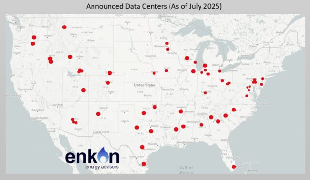 Map of the United States showing locations of announced data centers as of July 2025, marked with red dots. Enkon Energy Advisors logo appears at the bottom left.