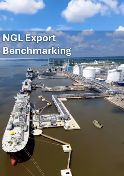 Aerial view of a large industrial port facility with ships docked and storage tanks, labeled "NGL Export Benchmarking.