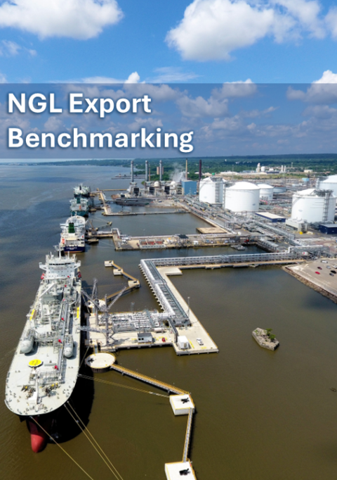 Aerial view of a large industrial port facility with ships docked and storage tanks, labeled "NGL Export Benchmarking.