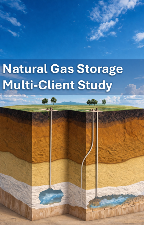 Cross-section illustration of underground natural gas storage with pipes leading to storage chambers; text reads "Natural Gas Storage Multi-Client Study.