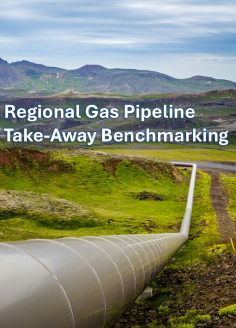A long natural gas pipeline runs through a green, hilly landscape under a cloudy sky, with text overlay reading "Regional Gas Pipeline Take-Away Benchmarking.