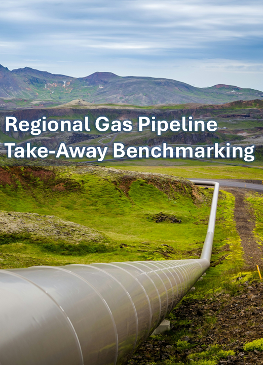 A long natural gas pipeline runs through a green, hilly landscape under a cloudy sky, with text overlay reading "Regional Gas Pipeline Take-Away Benchmarking.