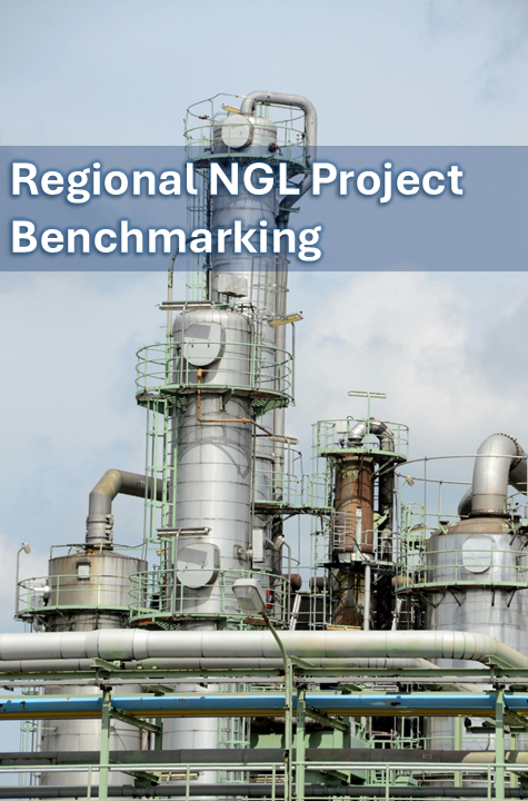 Industrial facility with multiple metal towers and pipes under a cloudy sky, overlaid with the text "Regional NGL Project Benchmarking.