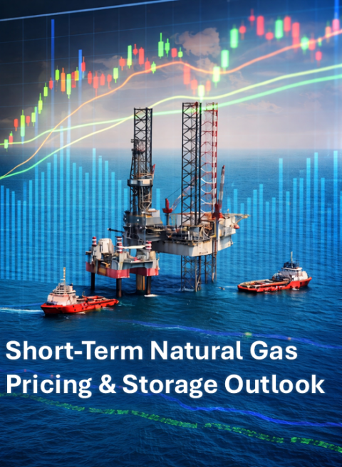 An offshore oil rig with support boats, overlaid with stock charts and the text "Short-Term Natural Gas Pricing & Storage Outlook.